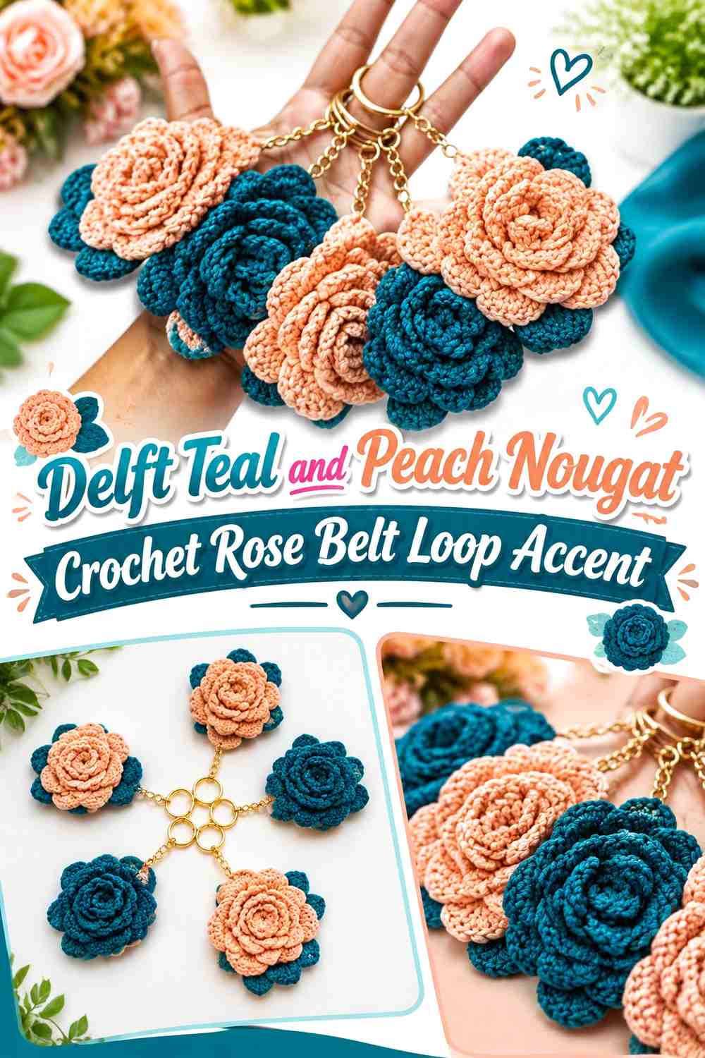 Delft Teal and Peach Nougat Crochet Rose Belt Loop Accent