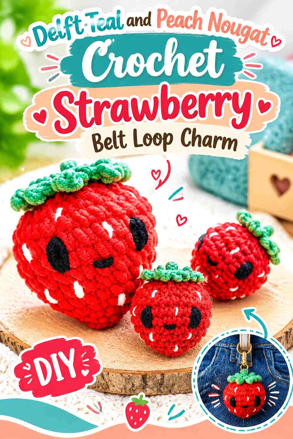 Delft Teal and Peach Nougat Crochet Strawberry Belt Loop Charm