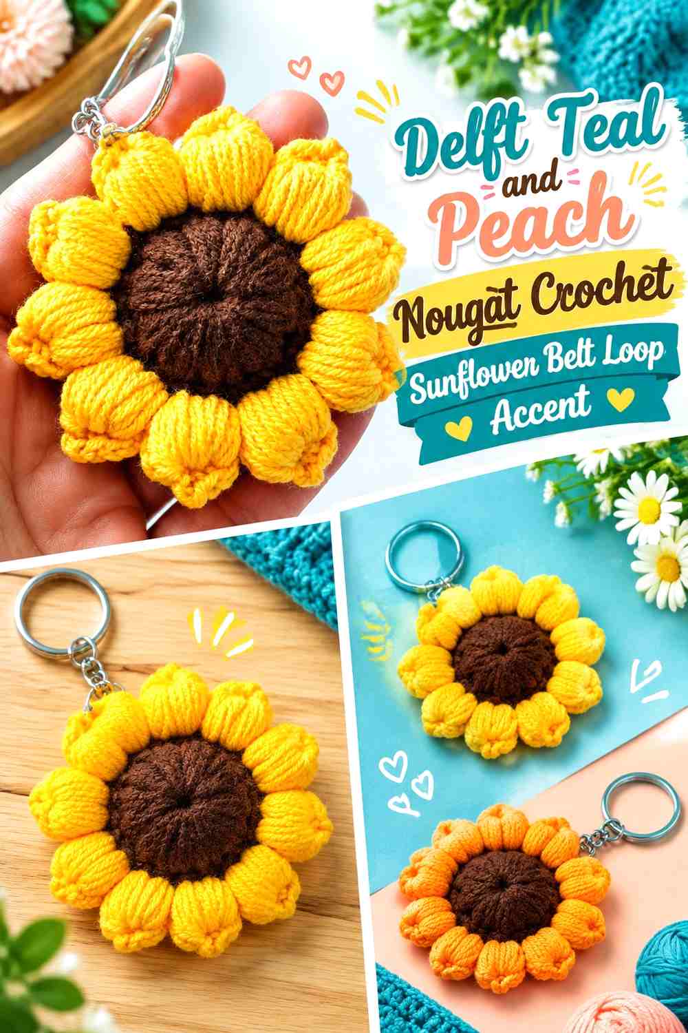 Delft Teal and Peach Nougat Crochet Sunflower Belt Loop Accent