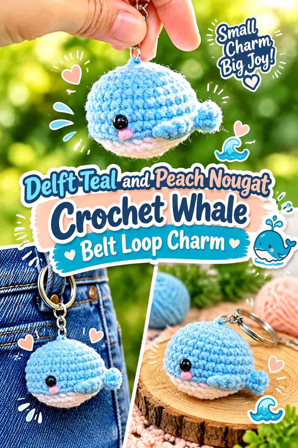 Delft Teal and Peach Nougat Crochet Whale Belt Loop Charm