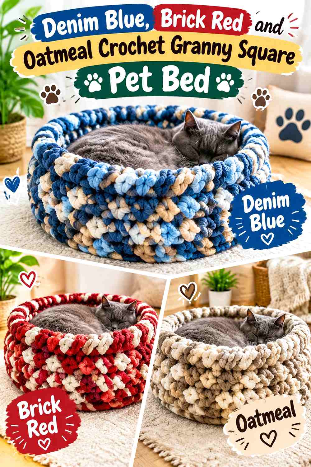 Denim Blue, Brick Red, and Oatmeal Crochet Granny Square Pet Bed