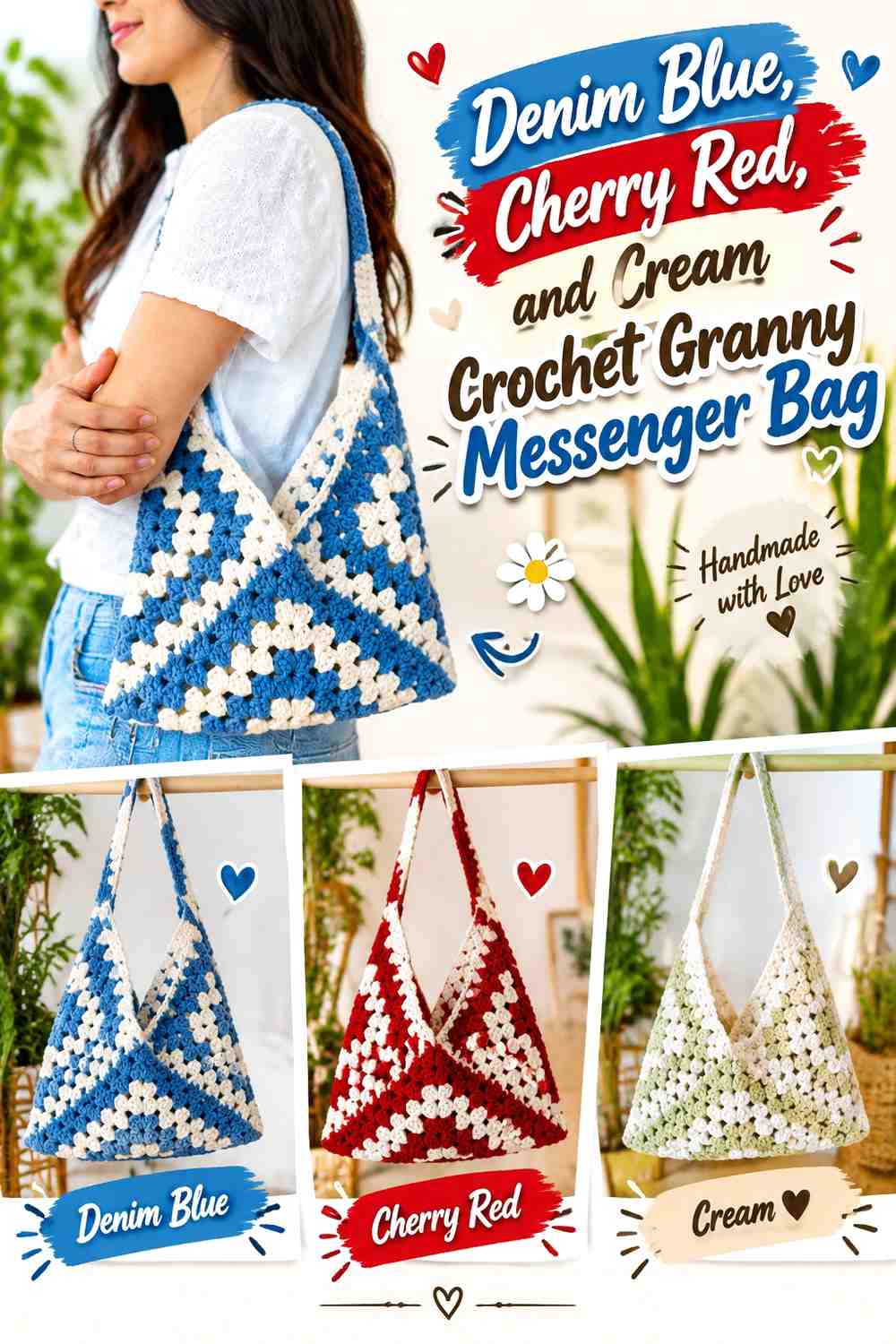 Denim Blue, Cherry Red, and Cream Crochet Granny Messenger Bag