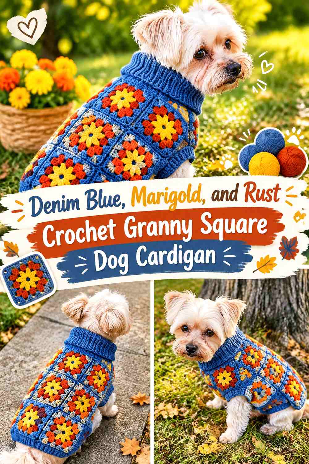 Denim Blue, Marigold, and Rust Crochet Granny Square Dog Cardigan