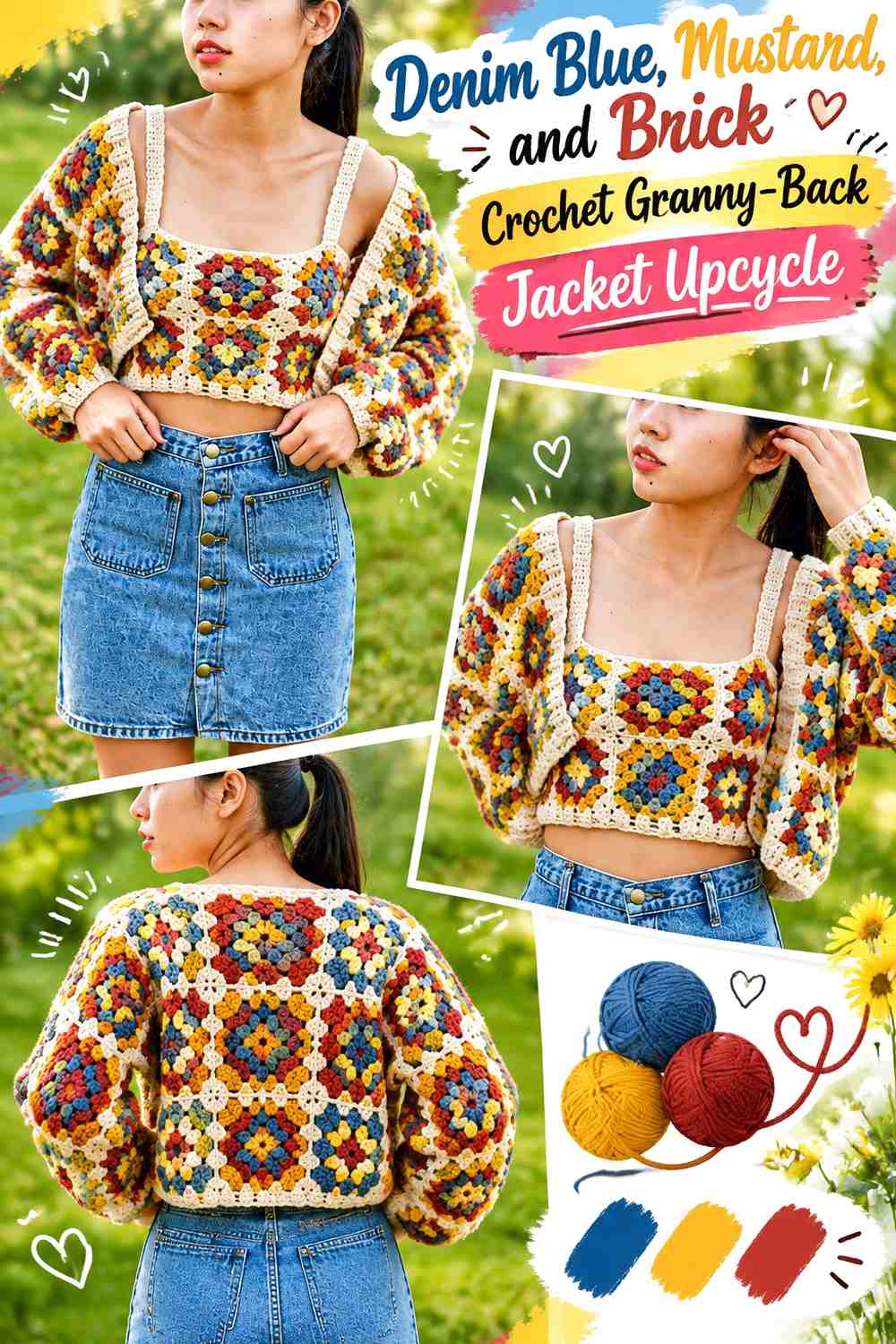 Denim Blue, Mustard, and Brick Crochet Granny-Back Jacket Upcycle