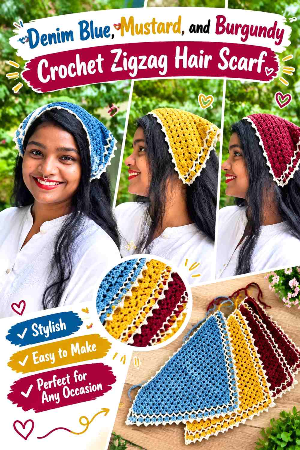 Denim Blue, Mustard, and Burgundy Crochet Zigzag Hair Scarf