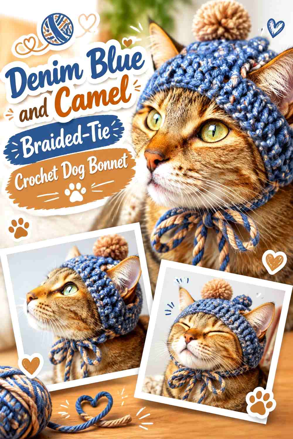 Denim Blue and Camel Braided-Tie Crochet Dog Bonnet