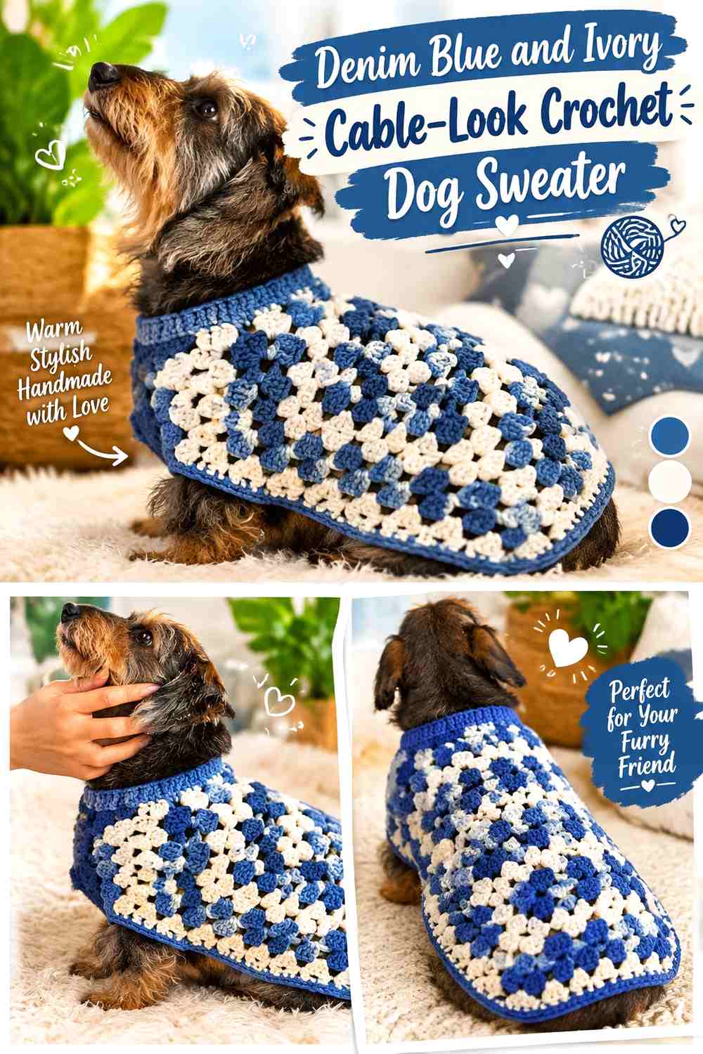 Denim Blue and Ivory Cable-Look Crochet Dog Sweater