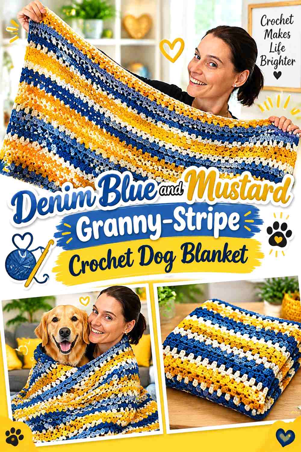 Denim Blue and Mustard Granny-Stripe Crochet Dog Blanket