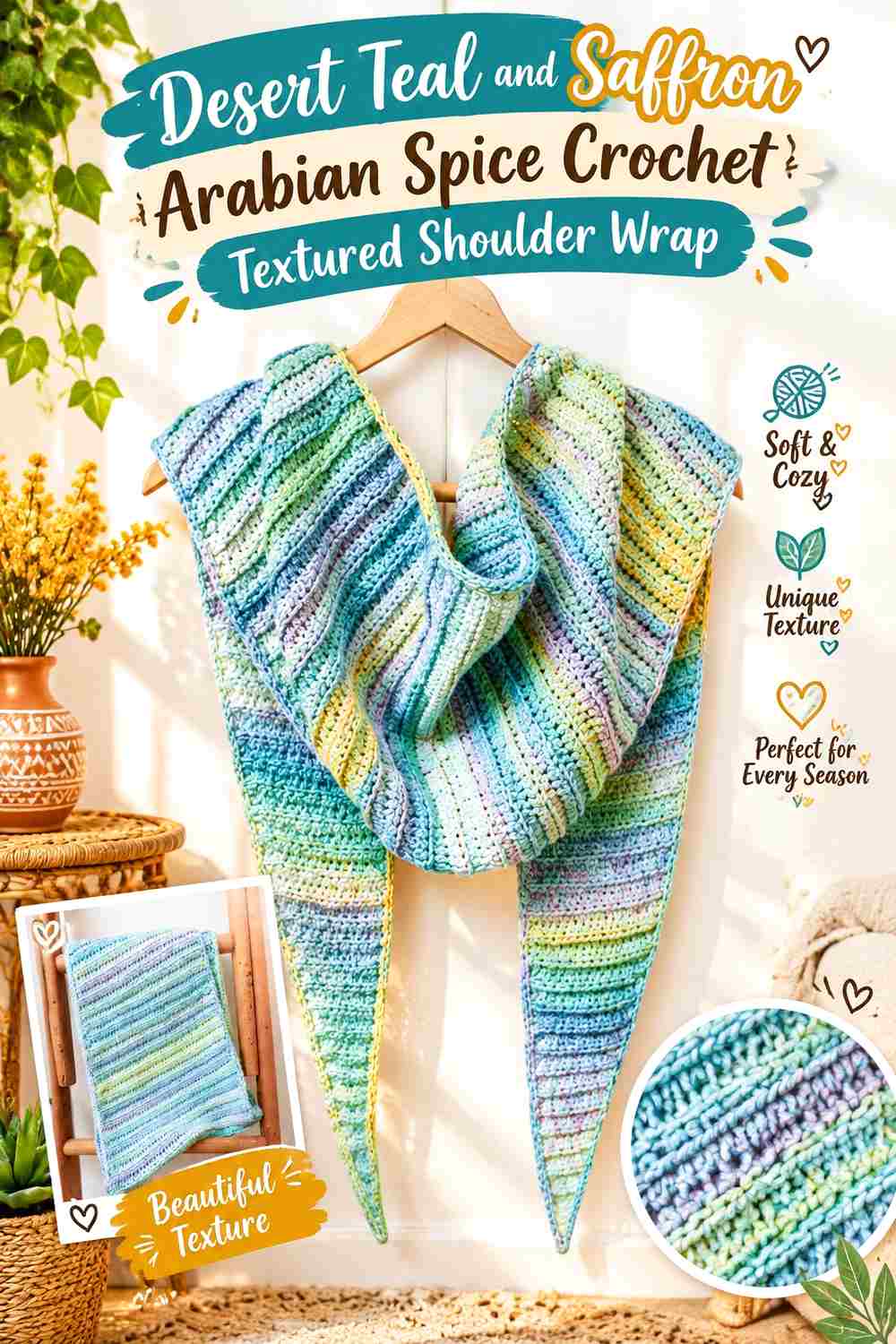 10. Desert Teal And Saffron Arabian Spice Crochet Textured Shoulder Wrap