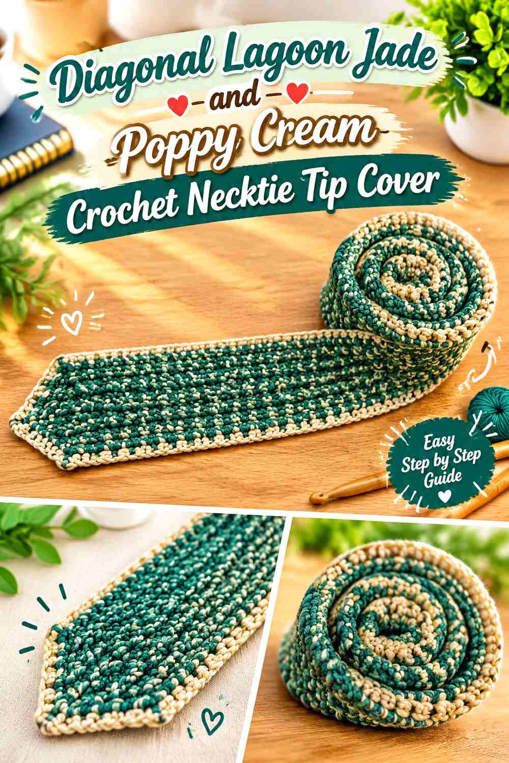 Diagonal Lagoon Jade and Poppy Cream Crochet Necktie Tip Cover