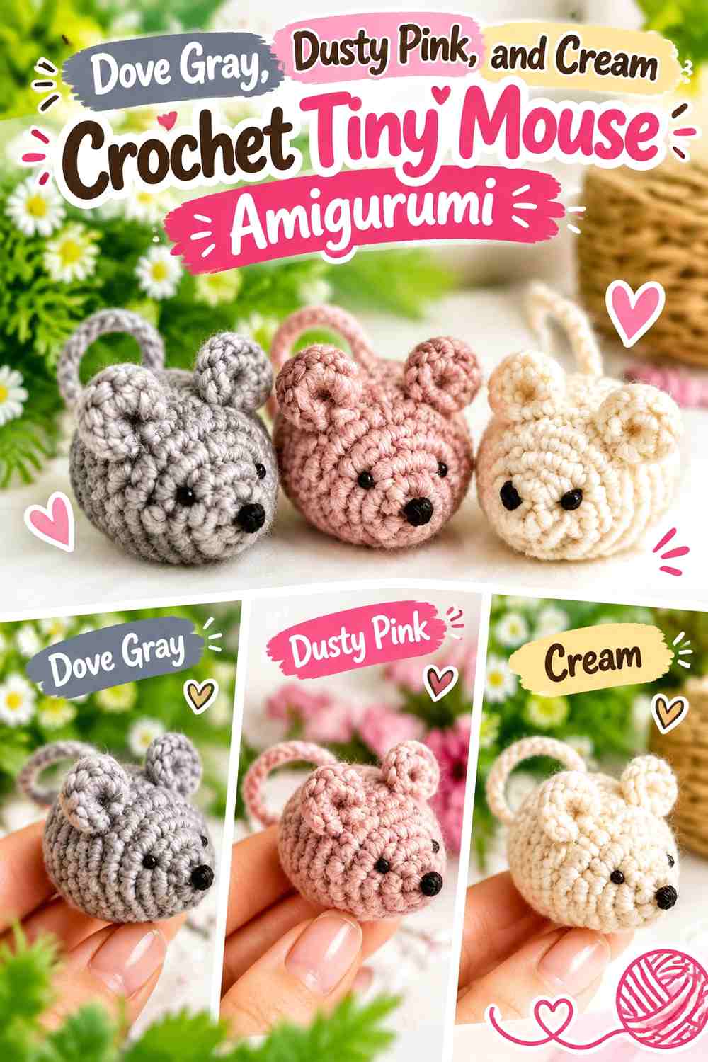 Dove Gray, Dusty Pink, and Cream Crochet Tiny Mouse Amigurumi
