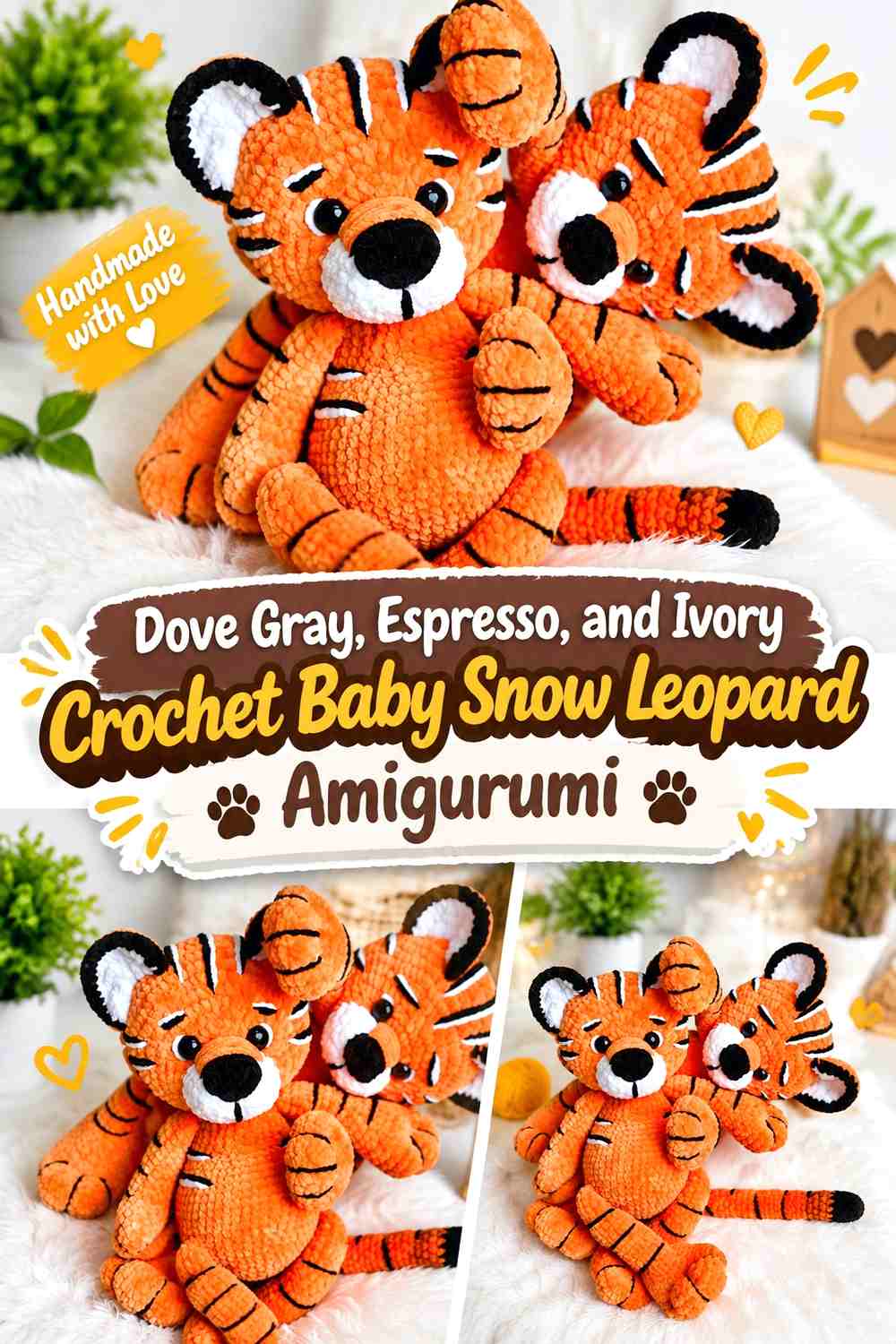 Dove Gray, Espresso, and Ivory Crochet Baby Snow Leopard Amigurumi