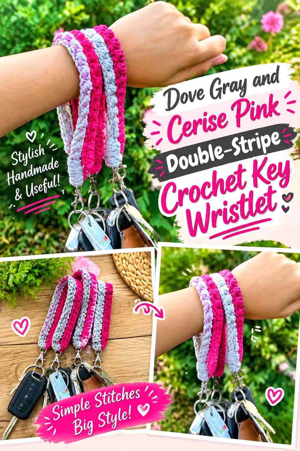 Dove Gray and Cerise Pink Double Stripe Crochet Key Wristlet