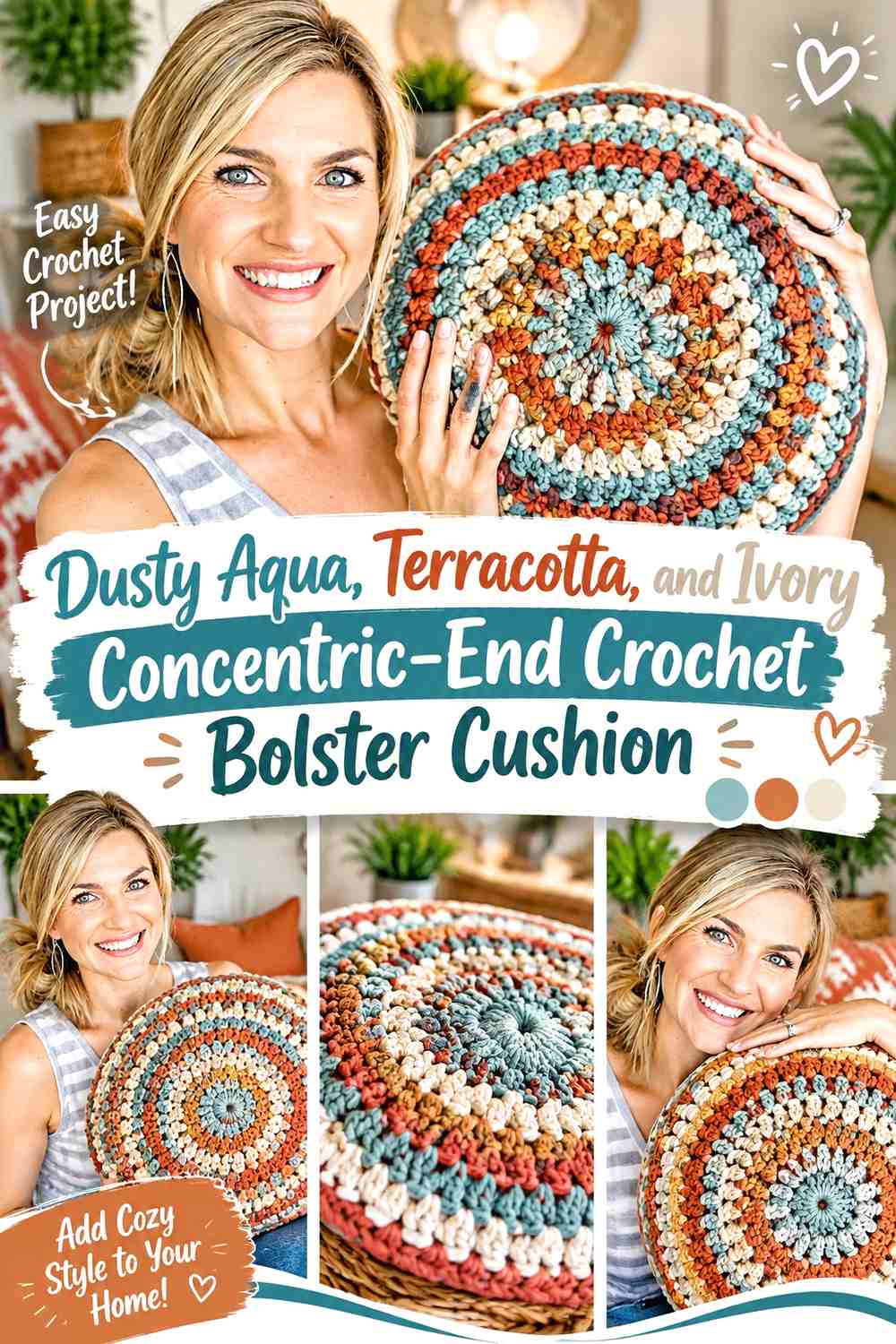 Dusty Aqua, Terracotta, and Ivory Concentric-End Crochet Bolster Cushion