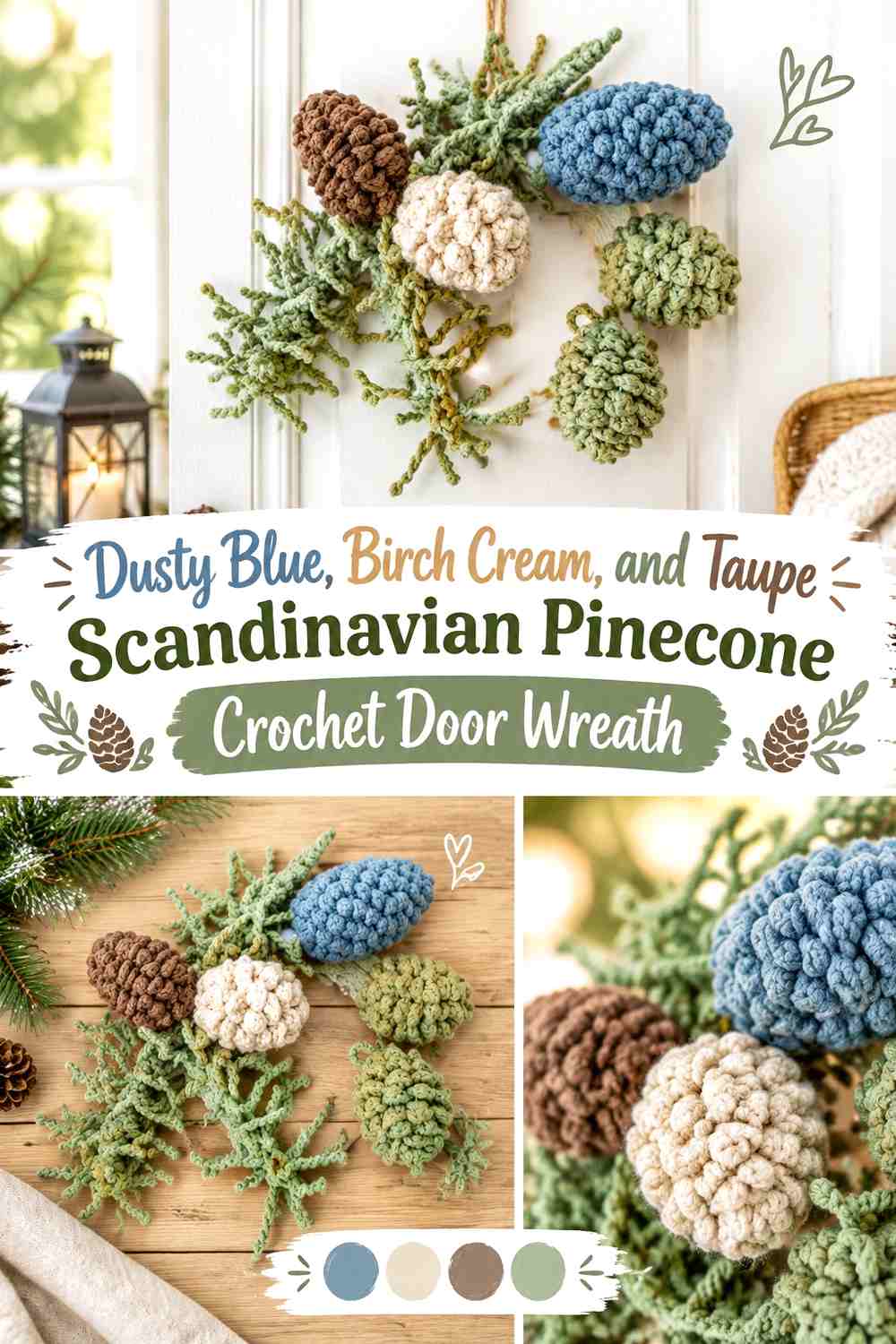 Dusty Blue, Birch Cream, and Taupe Scandinavian Pinecone Crochet Door Wreath