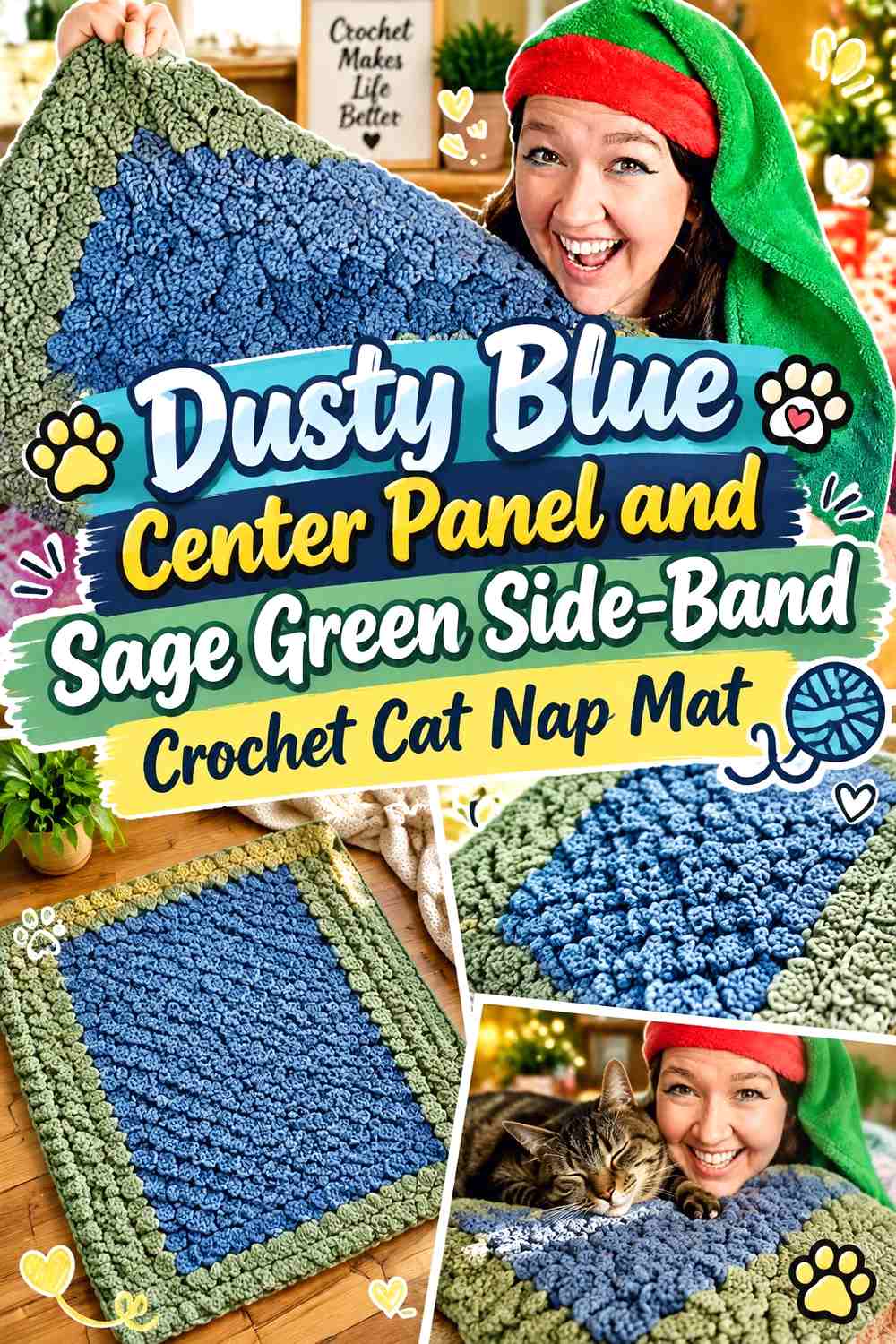 Dusty Blue Center Panel and Sage Green Side-Band Crochet Cat Nap Mat