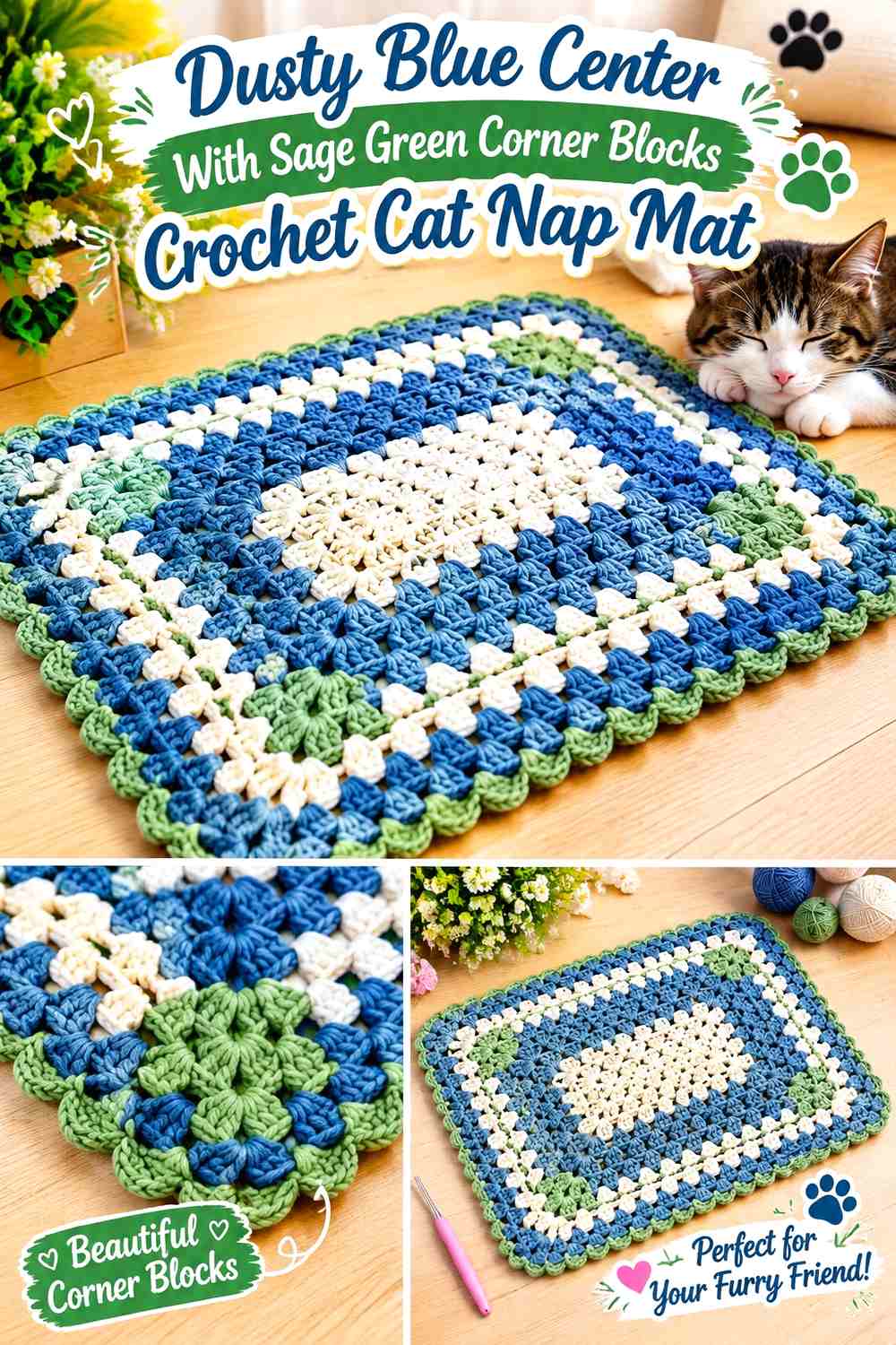 Dusty Blue Center With Sage Green Corner Blocks Crochet Cat Nap Mat