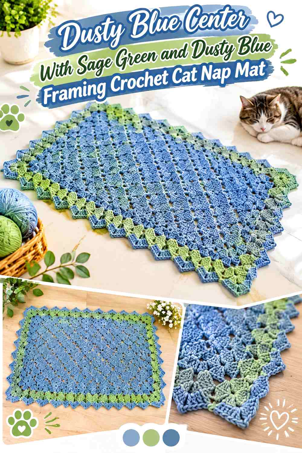 Dusty Blue Center With Sage Green and Dusty Blue Framing Crochet Cat Nap Mat