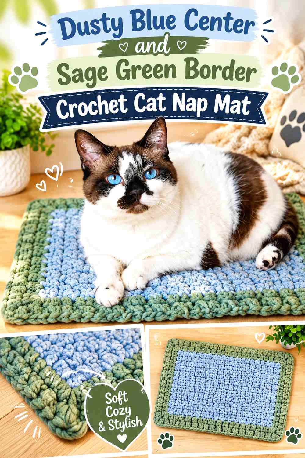 Dusty Blue Center and Sage Green Border Crochet Cat Nap Mat