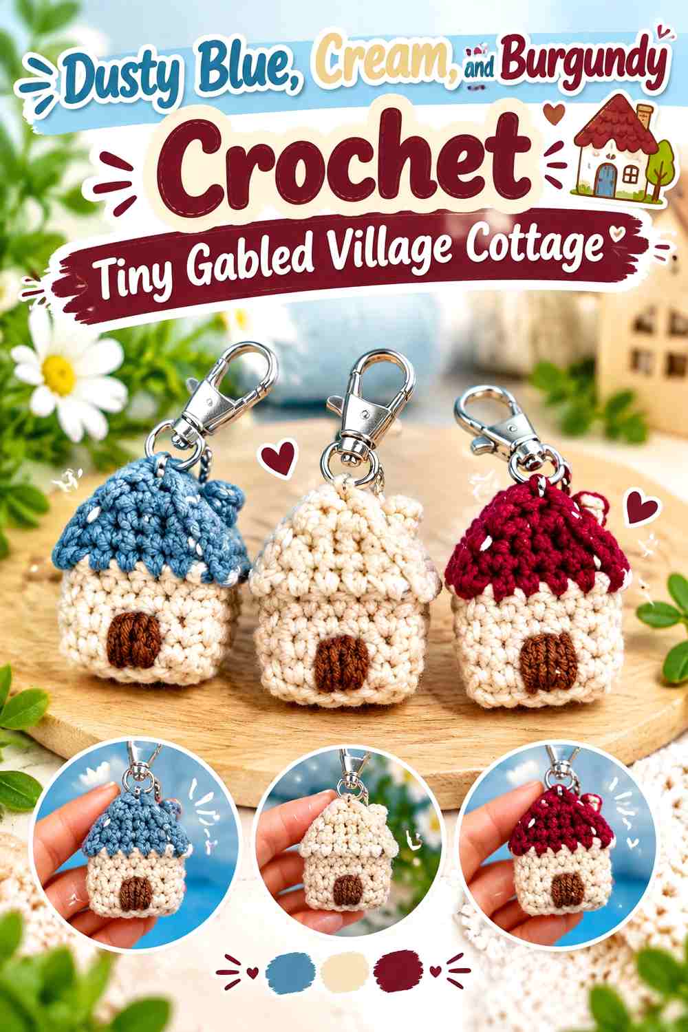 Dusty Blue, Cream, and Burgundy Crochet Tiny Gabled Village Cottage