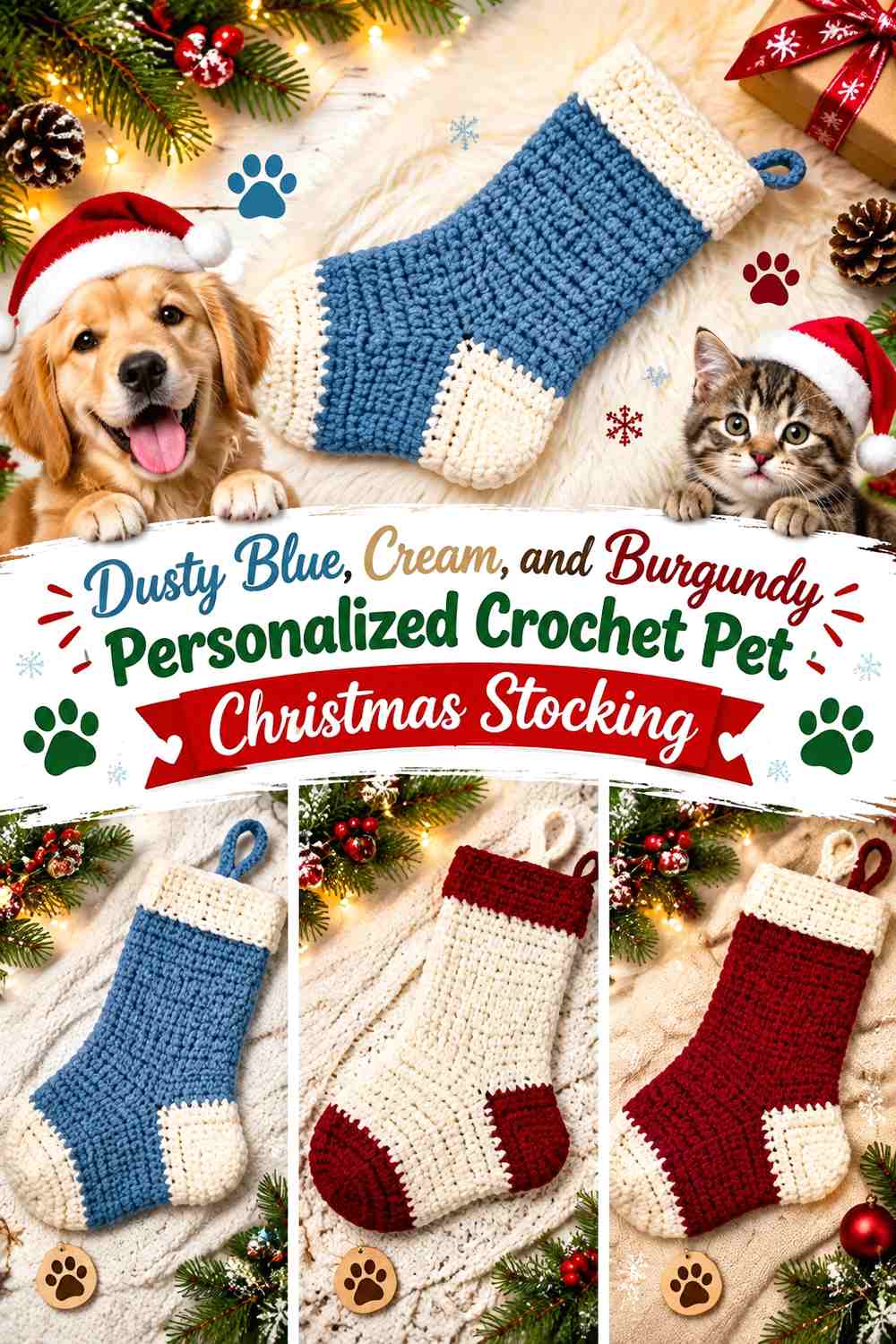 Dusty Blue, Cream, and Burgundy Personalized Crochet Pet Christmas Stocking