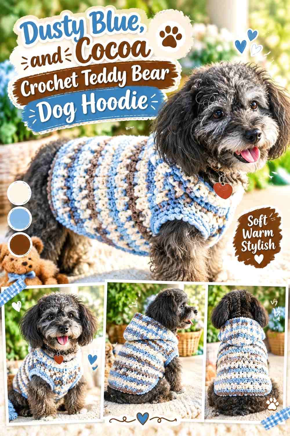 Dusty Blue, Cream, and Cocoa Crochet Teddy Bear Dog Hoodie