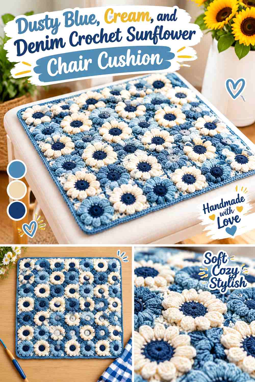 Dusty Blue, Cream, and Denim Crochet Sunflower Chair Cushion