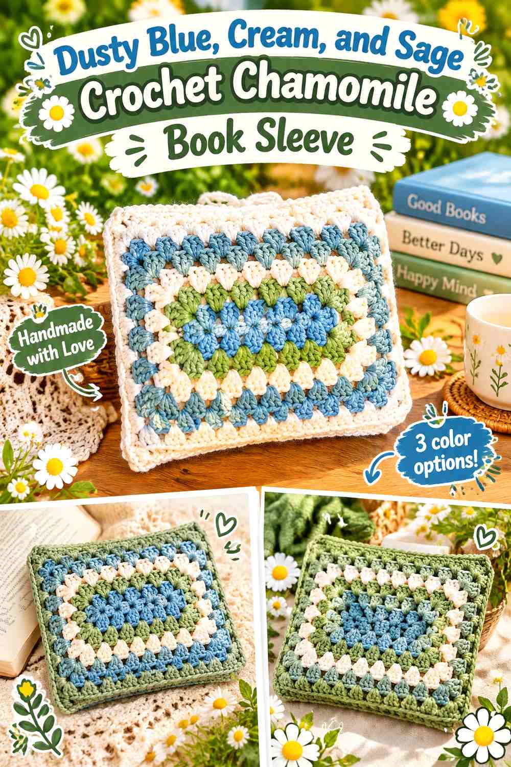 Dusty Blue, Cream, and Sage Crochet Chamomile Book Sleeve