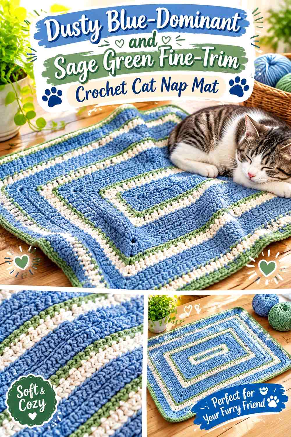 Dusty Blue-Dominant and Sage Green Fine-Trim Crochet Cat Nap Mat