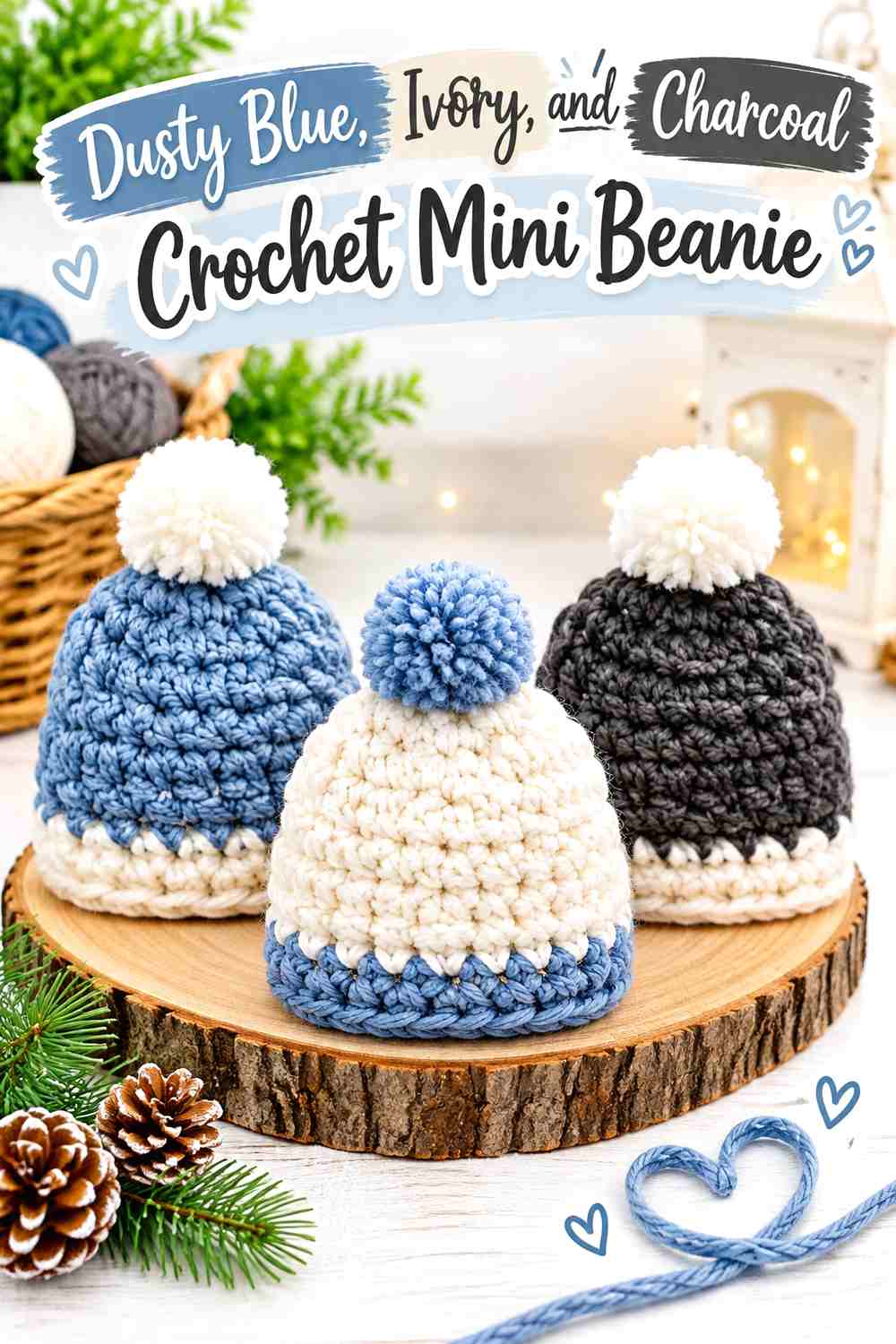 Dusty Blue, Ivory, and Charcoal Crochet Mini Beanie