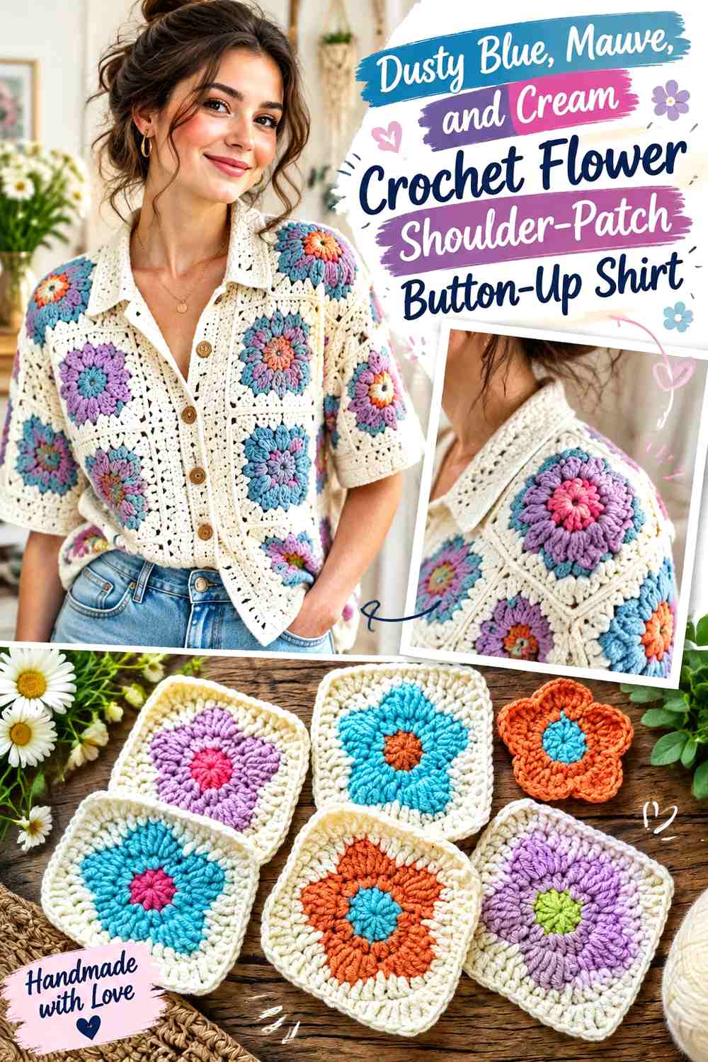 Dusty Blue, Mauve, and Cream Crochet Flower Shoulder-Patch Button-Up Shirt