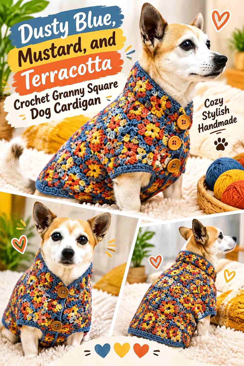 Dusty Blue, Mustard, and Terracotta Crochet Granny Square Dog Cardigan
