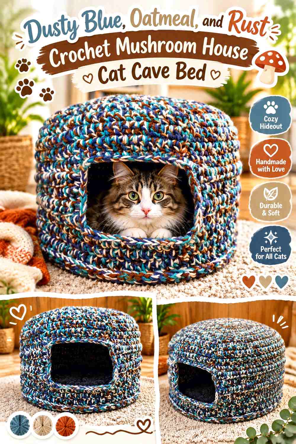 Dusty Blue, Oatmeal, and Rust Crochet Mushroom House Cat Cave Bed