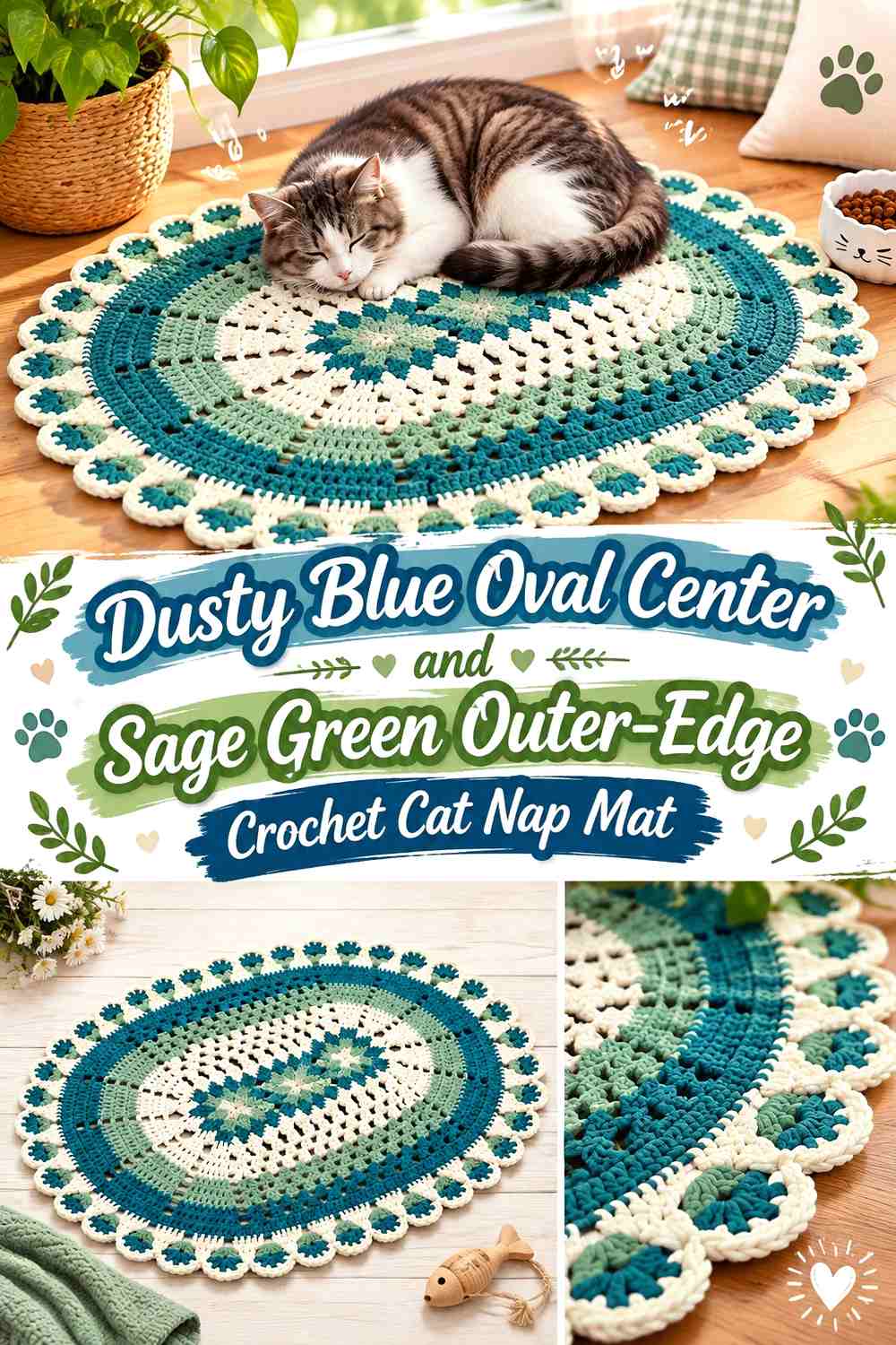 Dusty Blue Oval Center and Sage Green Outer-Edge Crochet Cat Nap Mat
