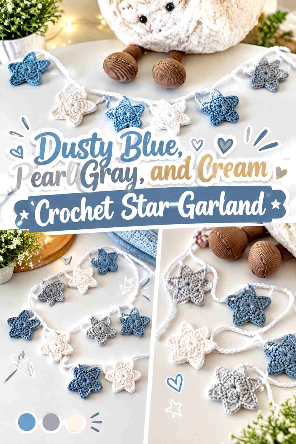 Dusty Blue, Pearl Gray, and Cream Crochet Star Garland