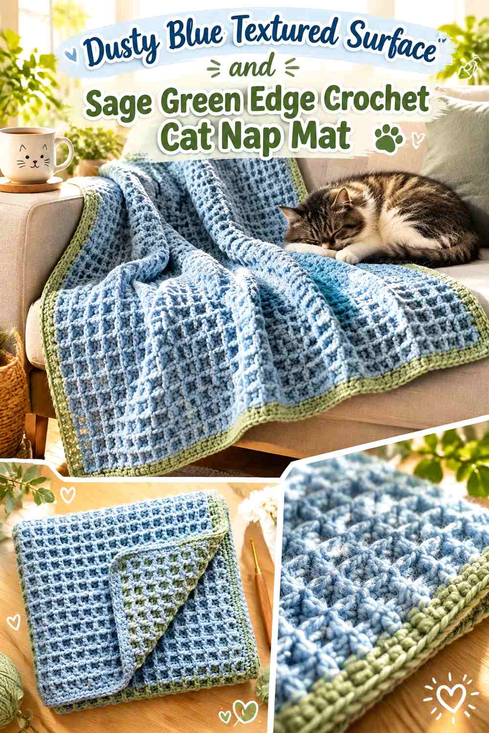 Dusty Blue Textured Surface and Sage Green Edge Crochet Cat Nap Mat