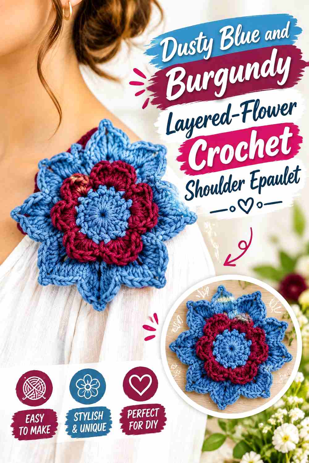 13. Dusty Blue And Burgundy Layered Flower Crochet Shoulder Epaulet