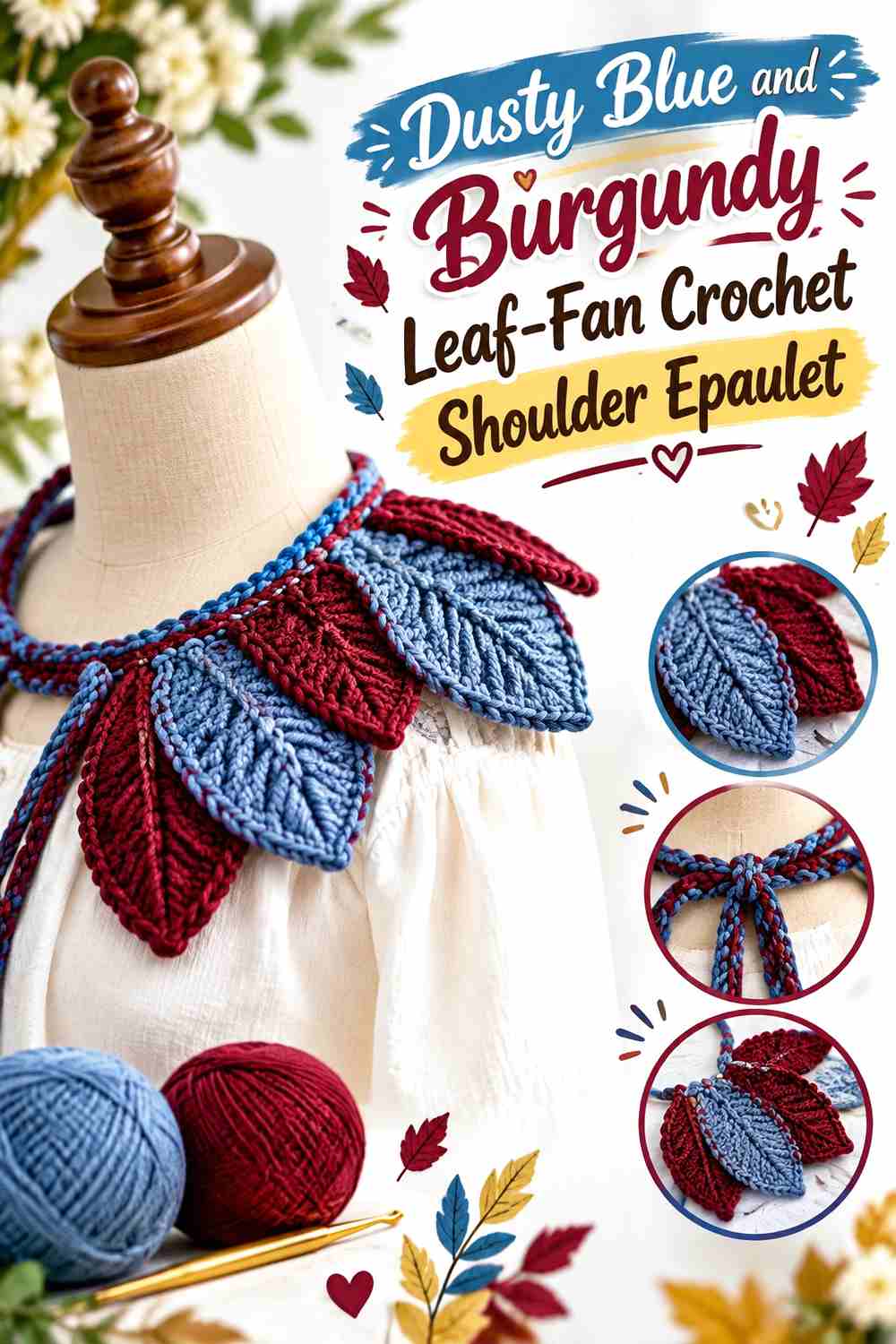 11. Dusty Blue And Burgundy Leaf Fan Crochet Shoulder Epaulet