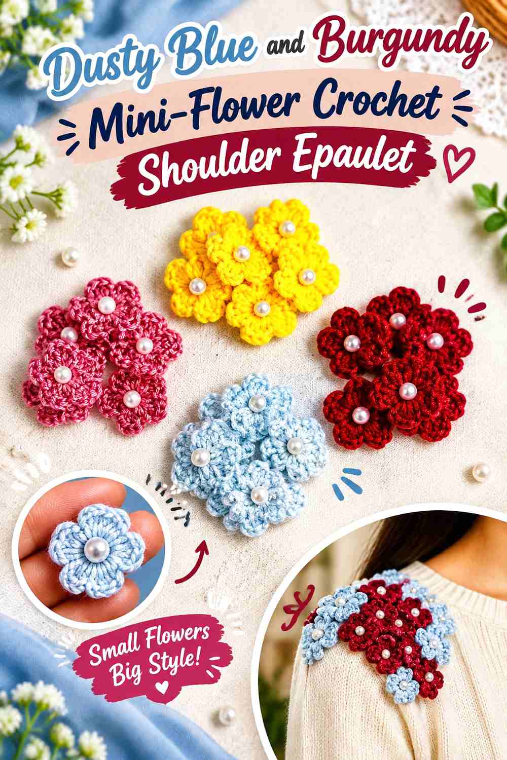 8. Dusty Blue And Burgundy Mini Flower Crochet Shoulder Epaulet