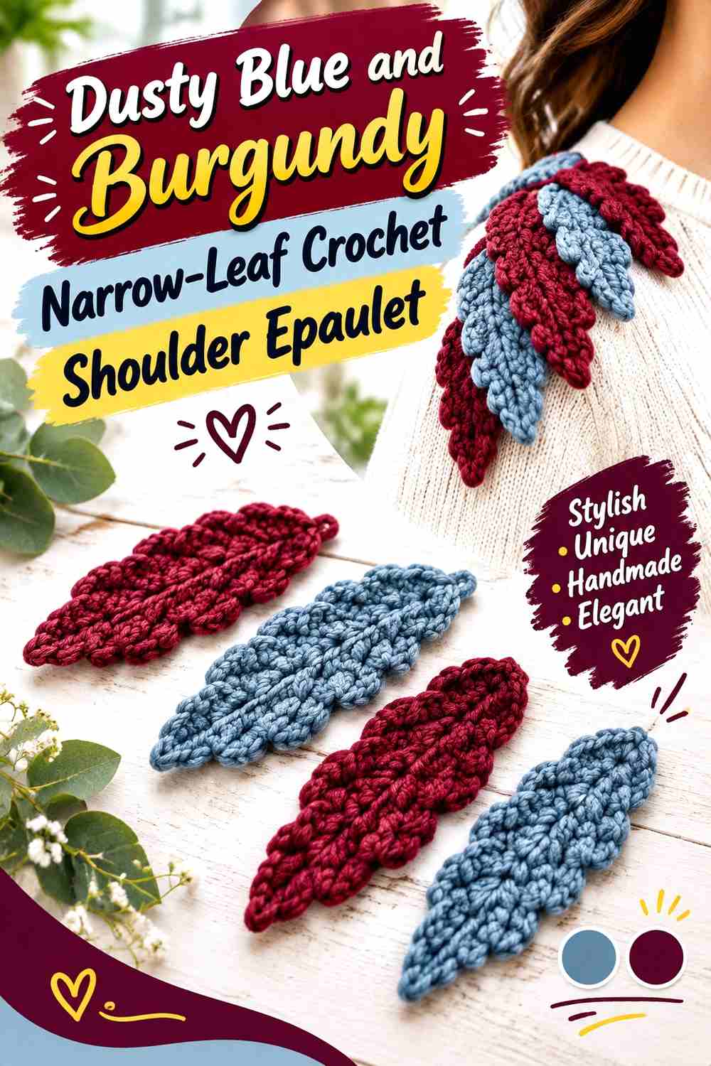 6. Dusty Blue And Burgundy Narrow Leaf Crochet Shoulder Epaulet