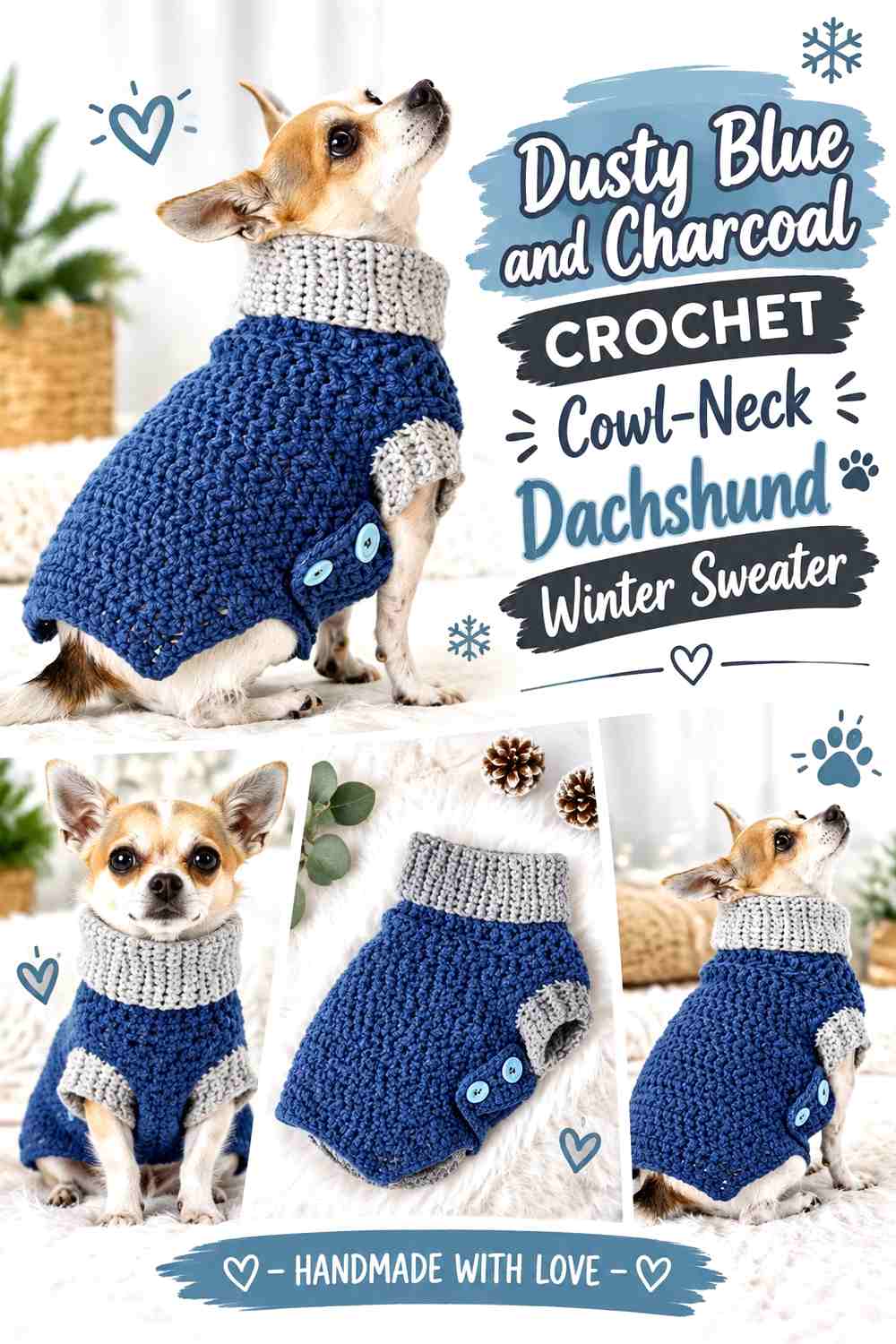 Dusty Blue and Charcoal Crochet Cowl-Neck Dachshund Winter Sweater