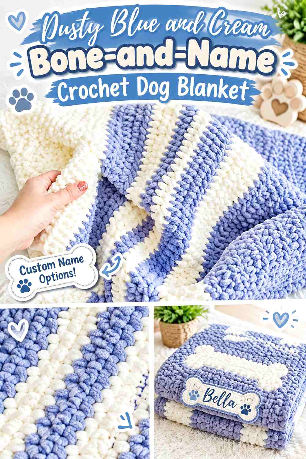 Dusty Blue and Cream Bone-and-Name Crochet Dog Blanket