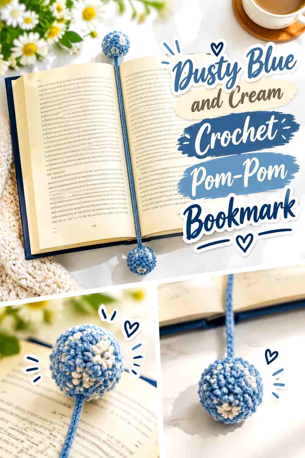 Dusty Blue and Cream Crochet Pom-Pom Bookmark
