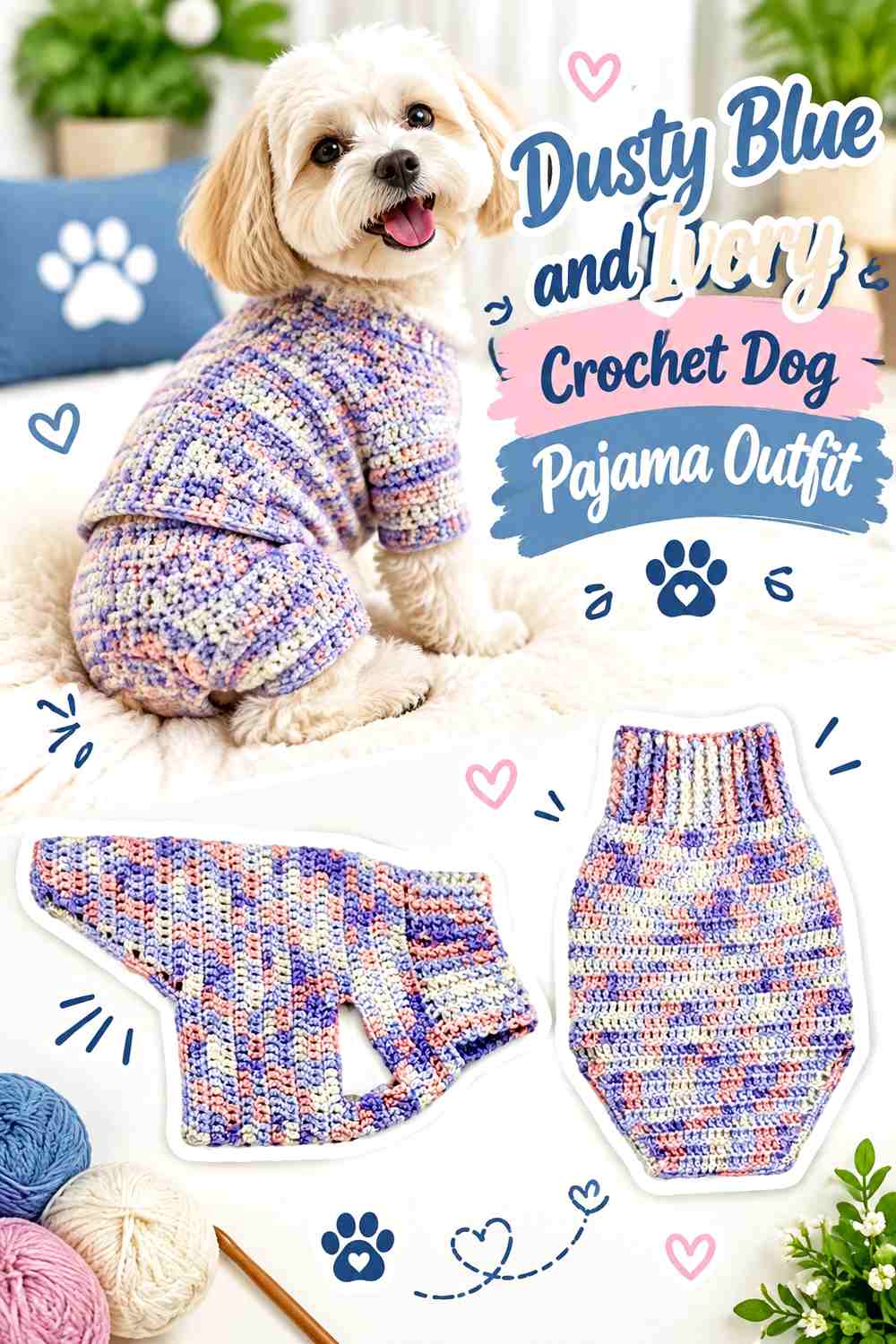 Dusty Blue and Ivory Crochet Dog Pajama Outfit