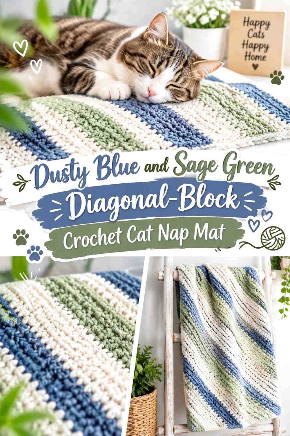 Dusty Blue and Sage Green Diagonal-Block Crochet Cat Nap Mat