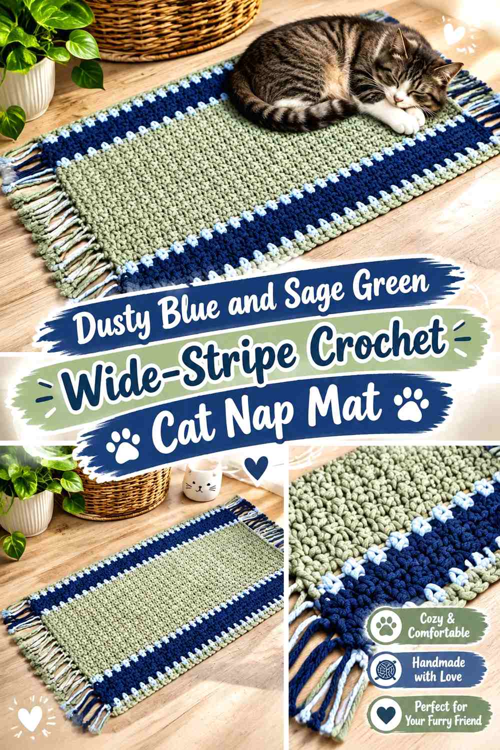 Dusty Blue and Sage Green Wide-Stripe Crochet Cat Nap Mat
