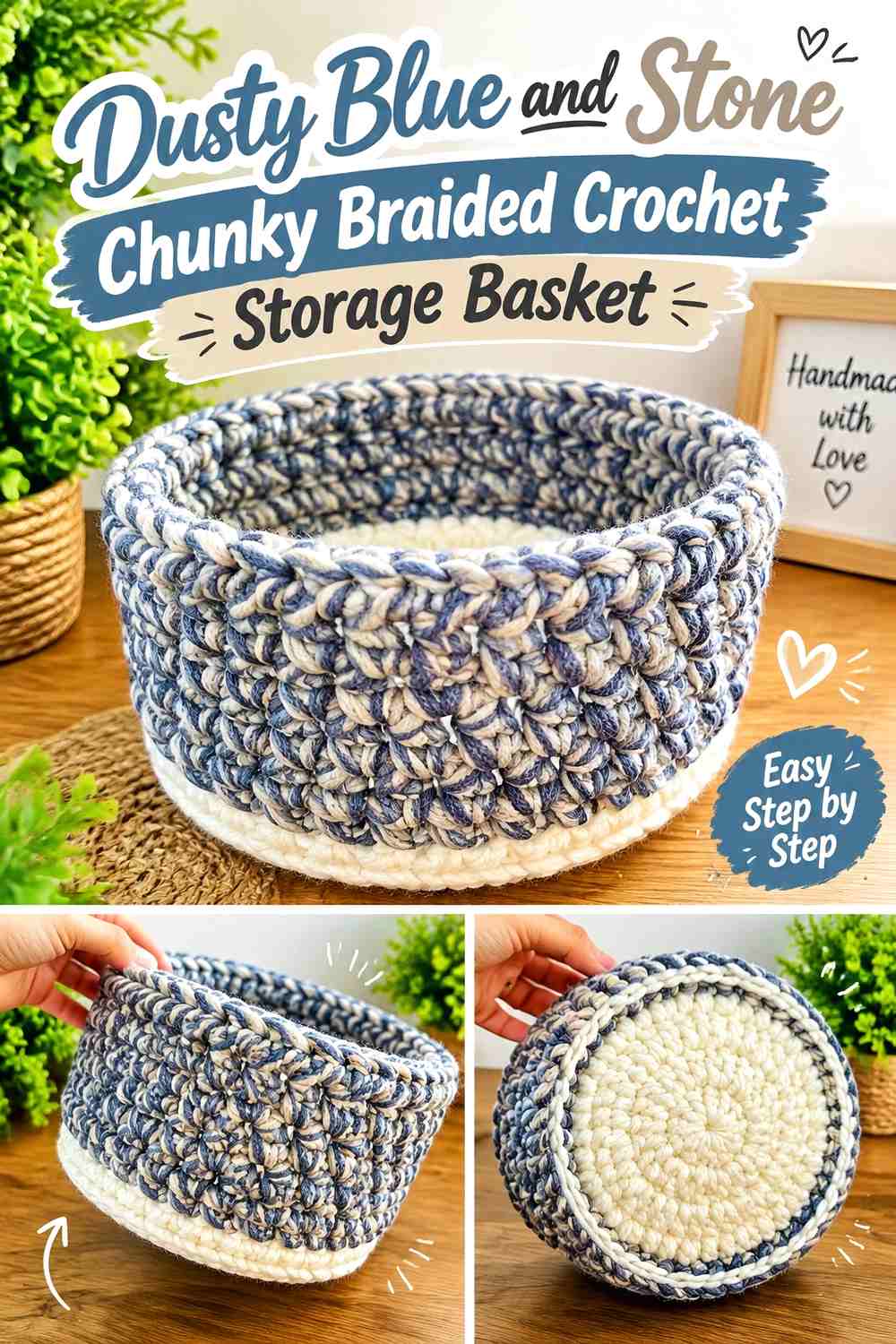 Dusty Blue and Stone Chunky Braided Crochet Storage Basket