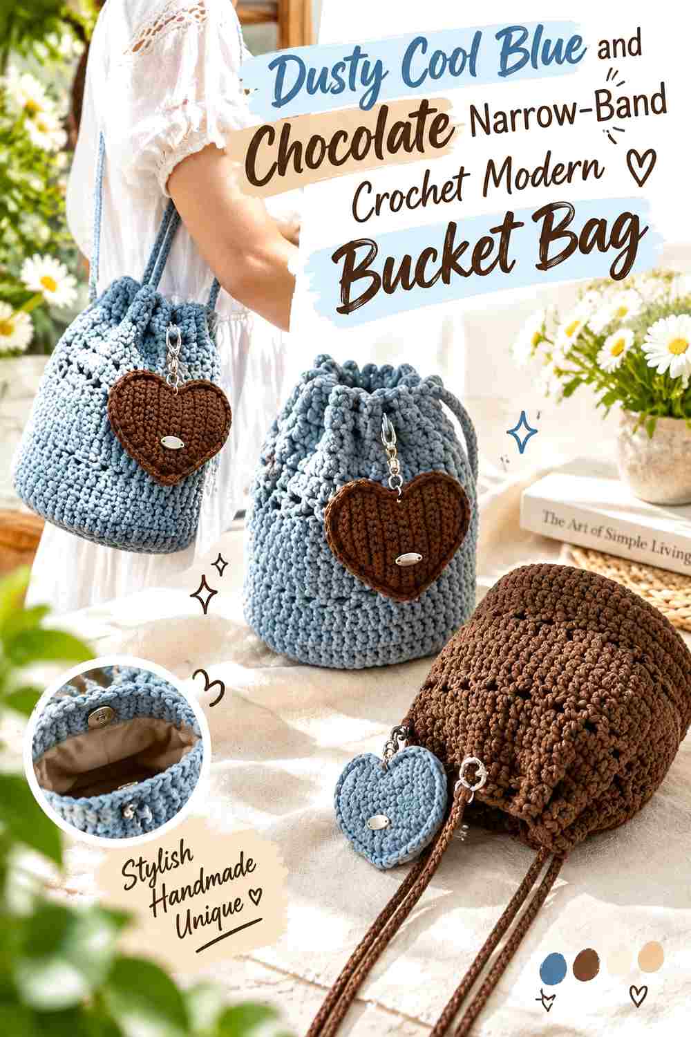 9. Dusty Cool Blue And Chocolate Narrow Band Crochet Modern Bucket Bag