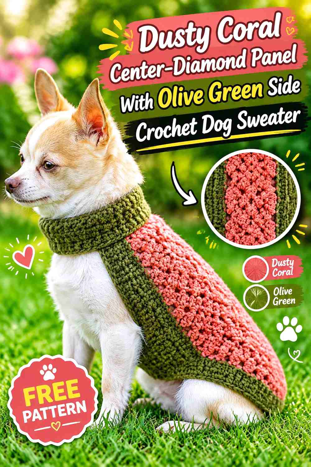 Dusty Coral Center-Diamond Panel With Olive Green Side Crochet Dog Sweater