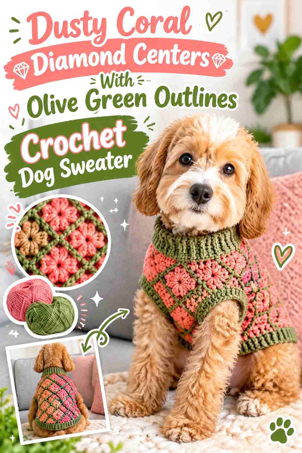 Dusty Coral Diamond Centers With Olive Green Outlines Crochet Dog Sweater